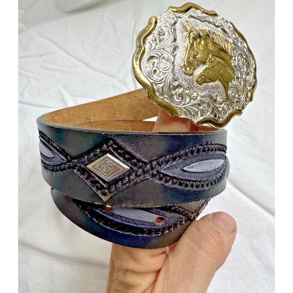Crumrine Silver Plate Buckle Horse Mare Foal Two Tone Western Belt Black 26 - Picture 14 of 16